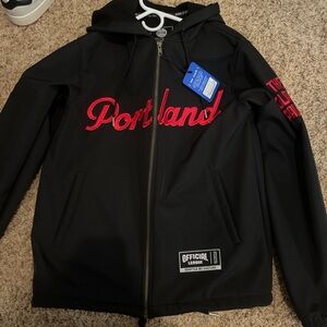 Black Portland Hoodie with Red Lettering